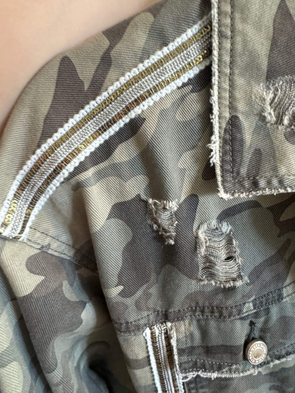 Zara Camouflage Distressed Denim Jacket - Olive Green